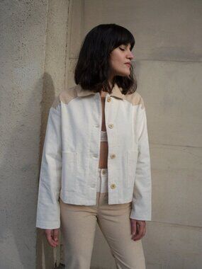 PALOMA WOOL Rio White Cotton Corduroy Western Chore Coat Barn Jacket, Size M